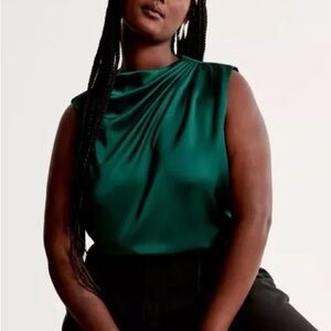 Abercrombie & Fitch Forest Green Satin Sleeveless Draped Neck Top Regal Chic M